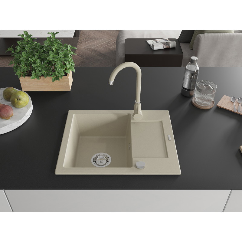 Mexen Enzo évier de cuisine en granit 1 bac avec égouttoir et robinet Telma, beige - 6506-69-670200-69
