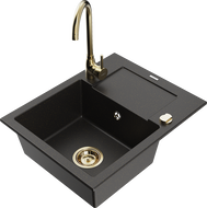 Mexen Enzo évier en granit à 1 bac avec égouttoir et mitigeur de cuisine Telma, noir/or - 6506-75-670200-50