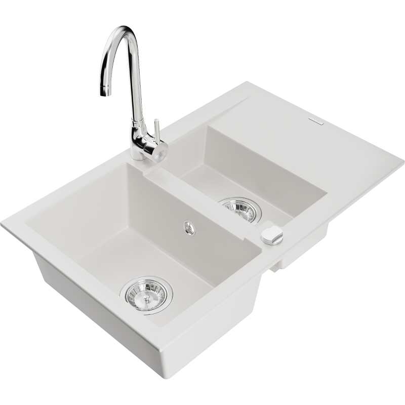 Mexen Gaspar évier en granit 1,5 bac avec égouttoir et robinet de cuisine Telma, blanc - 6507-20-670200-00