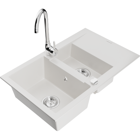 Mexen Gaspar évier en granit 1,5 bac avec égouttoir et robinet de cuisine Telma, blanc - 6507-20-670200-00