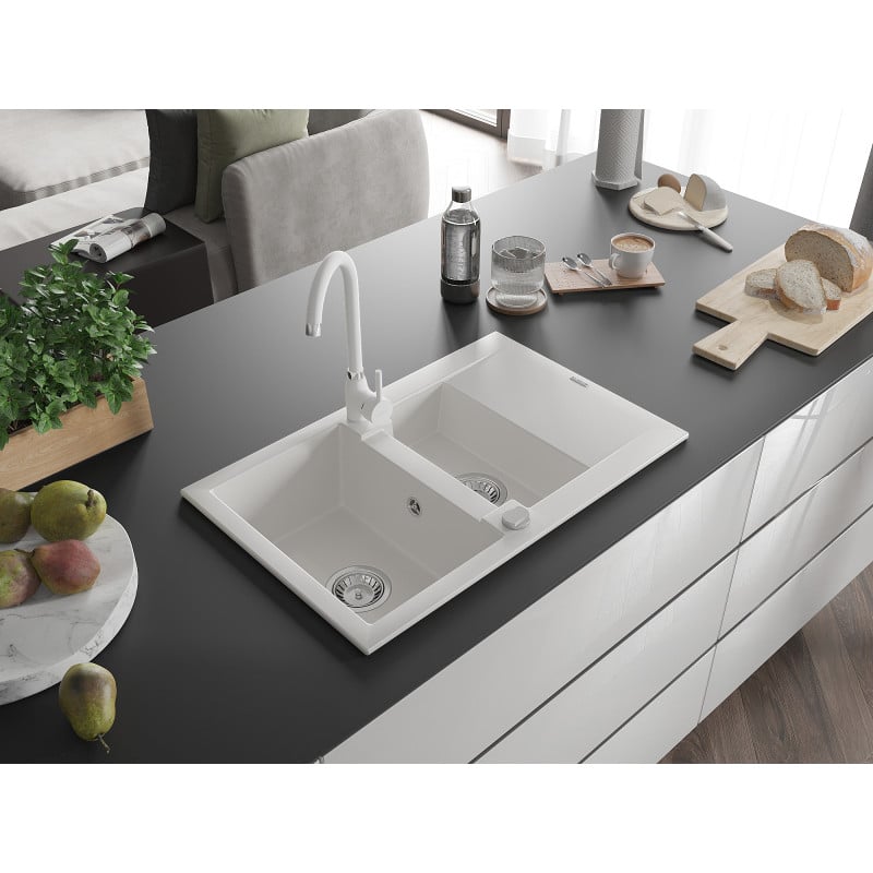 Mexen Gaspar évier en granit 1,5 bac avec égouttoir et robinet de cuisine Telma, blanc - 6507-20-670200-20