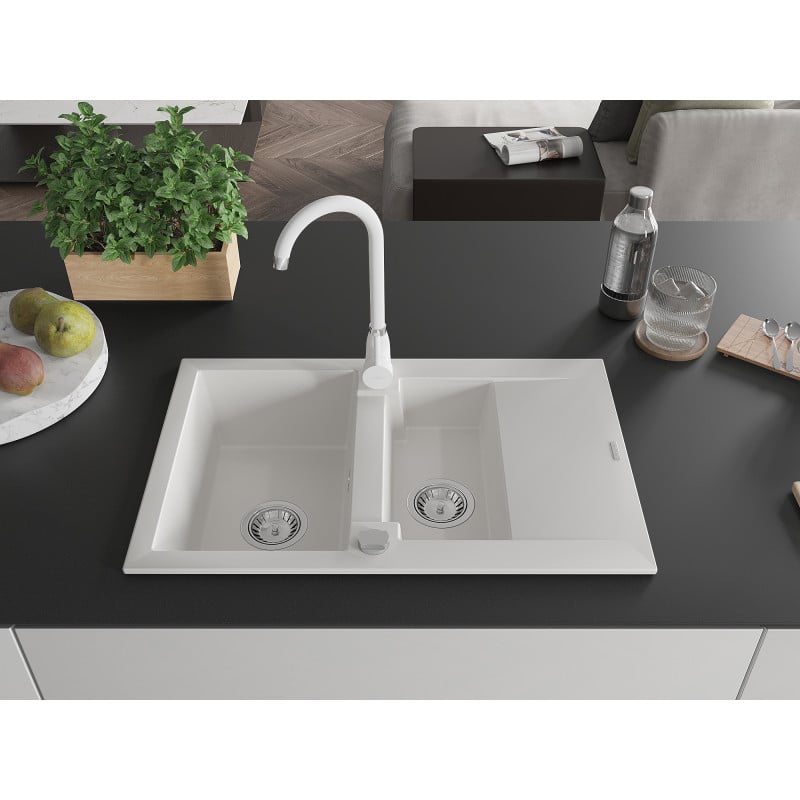 Mexen Gaspar évier en granit 1,5 bac avec égouttoir et robinet de cuisine Telma, blanc - 6507-20-670200-20