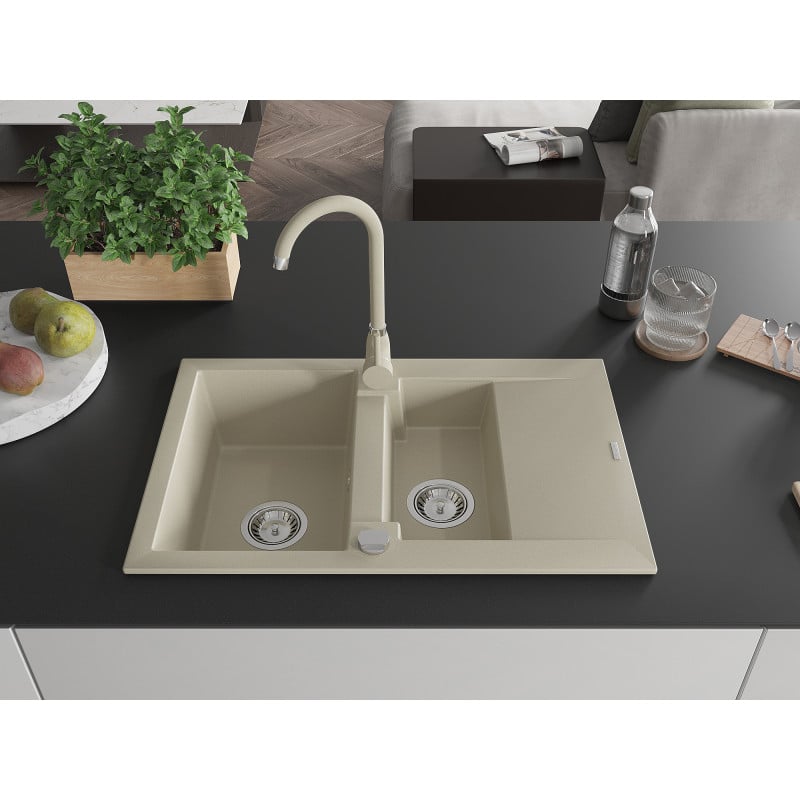 Mexen Gaspar évier en granit 1,5 bac avec égouttoir et robinet de cuisine Telma, beige - 6507-69-670200-69