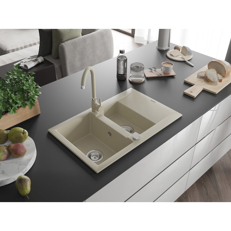Mexen Gaspar évier en granit 1,5 bac avec égouttoir et robinet de cuisine Telma, beige - 6507-69-670200-69