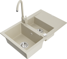 Mexen Gaspar évier en granit 1,5 bac avec égouttoir et robinet de cuisine Telma, beige - 6507-69-670200-69