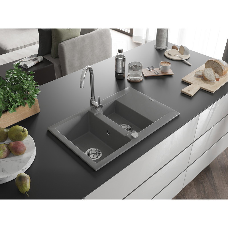 Mexen Gaspar évier en granite 1,5 bac avec égouttoir et robinet de cuisine Telma, gris - 6507-71-670200-00