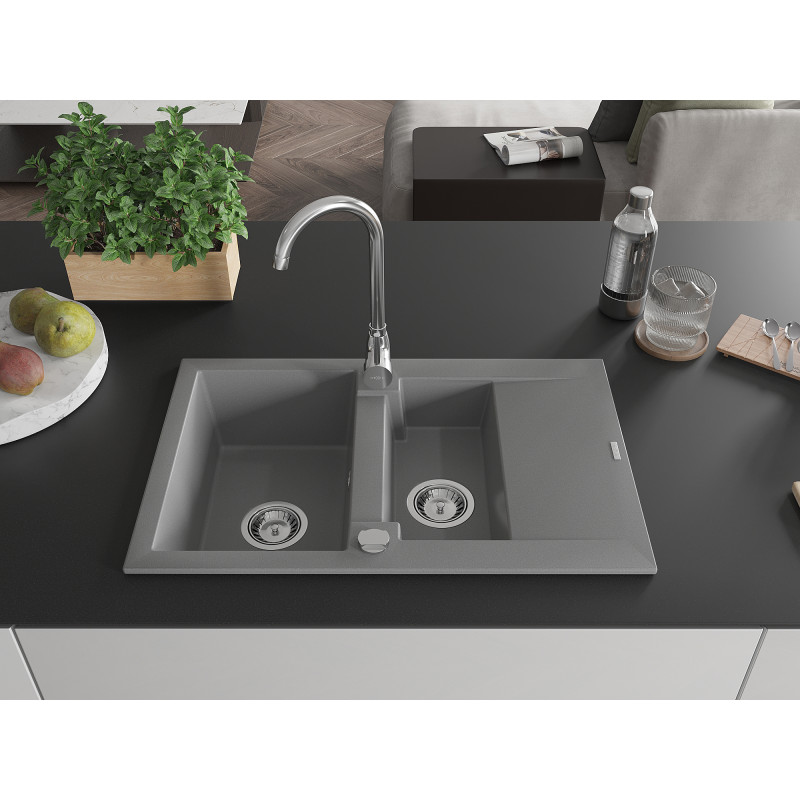 Mexen Gaspar évier en granite 1,5 bac avec égouttoir et robinet de cuisine Telma, gris - 6507-71-670200-00