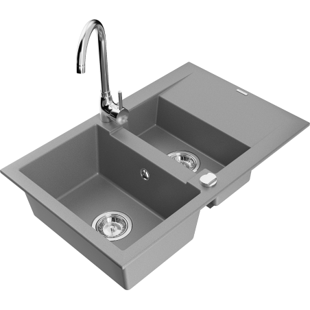Mexen Gaspar évier en granite 1,5 bac avec égouttoir et robinet de cuisine Telma, gris - 6507-71-670200-00