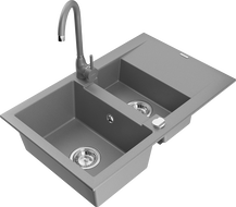 Mexen Gaspar évier en granit 1,5 bac avec égouttoir et robinet de cuisine Telma, gris - 6507-71-670200-71