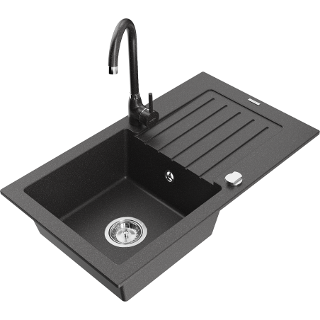 Mexen Pablo évier de cuisine en granit à 1 bac avec égouttoir et robinet Telma, noir moucheté - 6510-76-670200-76