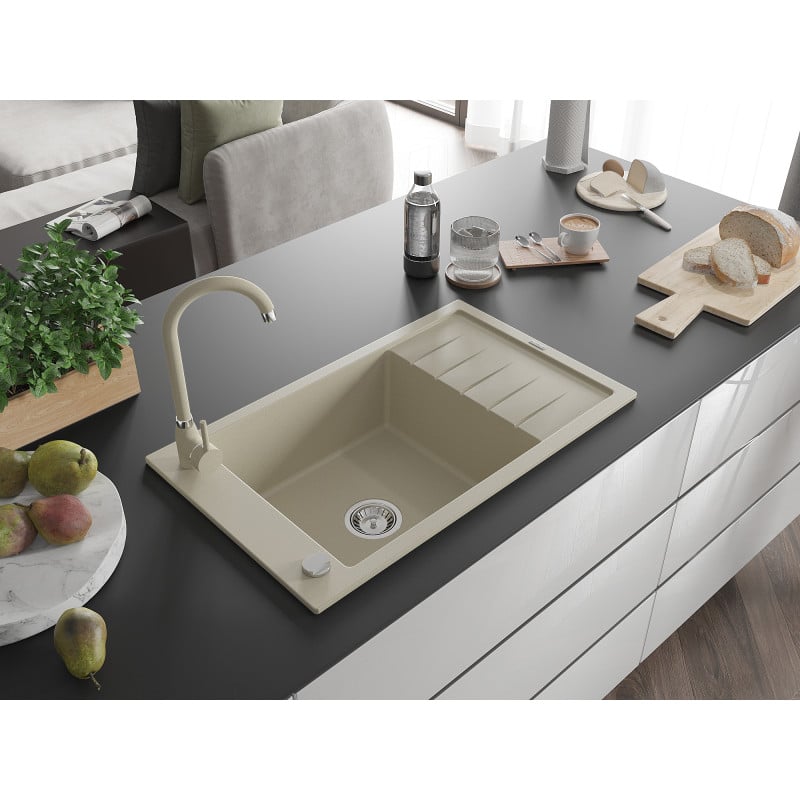 Mexen Elias évier en granit 1 bac avec égouttoir et robinet de cuisine Telma, beige - 6511-69-670200-69