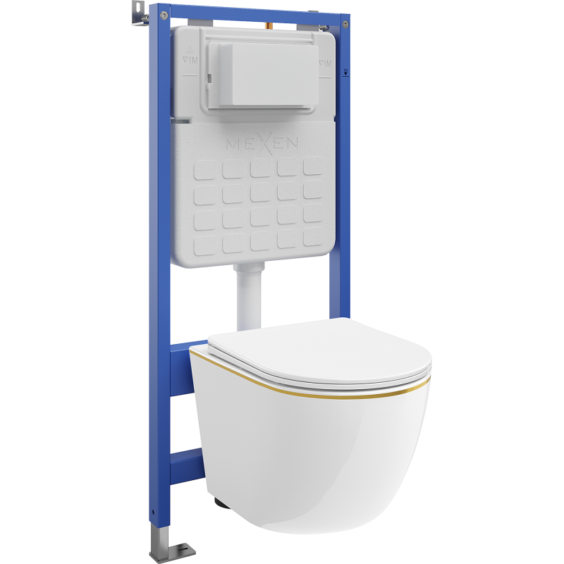 Mexen Lena ensemble encastré WC châssis pneumatique Tex Air Slim avec cuvette WC et abattant à fermeture lente, blanc/doré