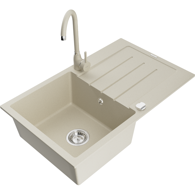 Mexen Bruno évier en granit 1 bac avec égouttoir et robinet de cuisine Telma, beige - 6513-69-670200-69