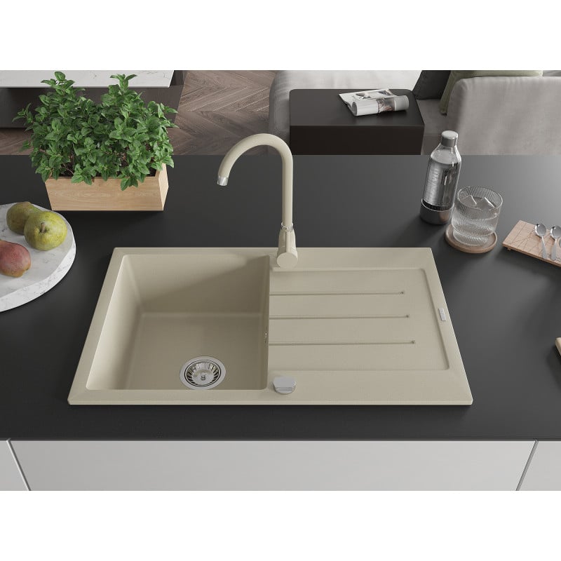 Mexen Bruno évier en granit 1 bac avec égouttoir et robinet de cuisine Telma, beige - 6513-69-670200-69