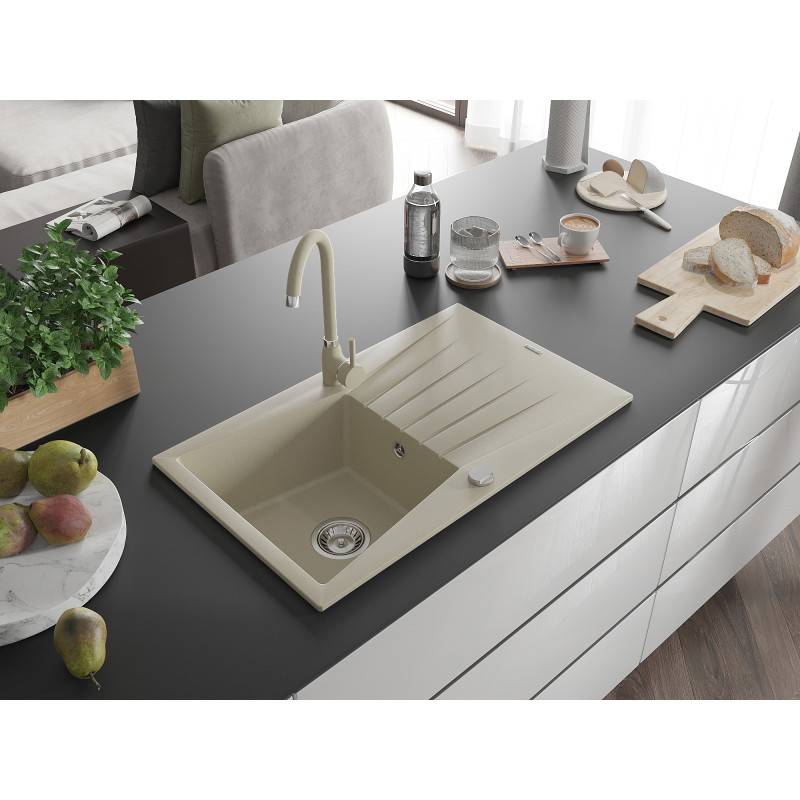 Mexen Cesar évier en granit 1 bac avec égouttoir et robinet de cuisine Telma, beige - 6514-69-670200-69