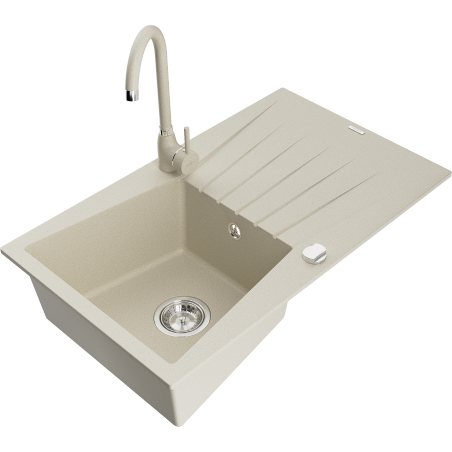 Mexen Cesar évier en granit 1 bac avec égouttoir et robinet de cuisine Telma, beige - 6514-69-670200-69