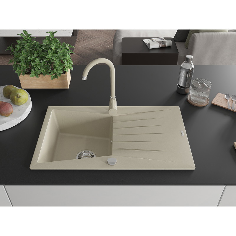 Mexen Cesar évier en granit 1 bac avec égouttoir et robinet de cuisine Telma, beige - 6514-69-670200-69