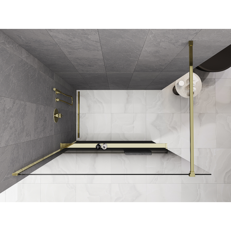 Mexen Kioto+ paroi de douche avec étagère Walk-in 90 x 200 cm, ombre noire 8 mm, or - 800-090-121-50-76