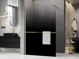 Mexen Kioto+ paroi de douche avec étagère Walk-in 90 x 200 cm, ombre noire 8 mm, dorée brossée - 800-090-121-55-76