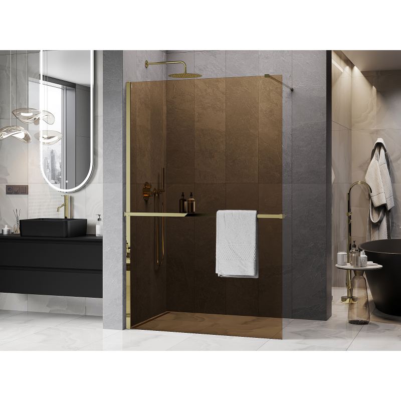 Mexen Kioto+ paroi de douche avec étagère Walk-in 80 x 200 cm, bronze 8 mm, or - 800-080-121-50-32