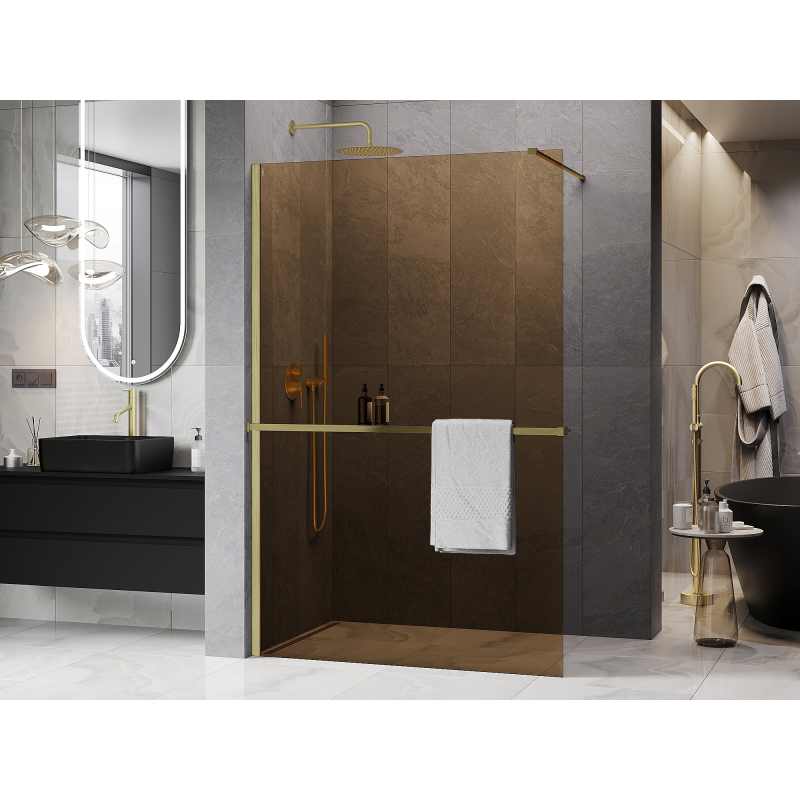 Mexen Kioto+ paroi de douche avec étagère Walk-in 100 x 200 cm, bronze 8 mm, or brossé - 800-100-121-55-32