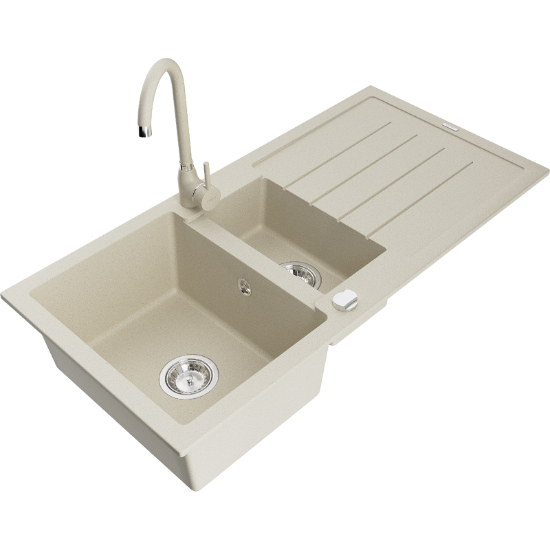 Mexen Andres évier en granit 1,5 cuves avec égouttoir et robinet de cuisine Telma, beige - 6515-69-670200-69