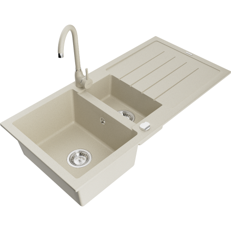 Mexen Andres évier en granit 1,5 cuves avec égouttoir et robinet de cuisine Telma, beige - 6515-69-670200-69