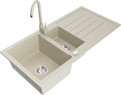 Mexen Andres évier en granit 1,5 bac avec égouttoir et robinet de cuisine Telma, beige - 6515-69-670200-69
