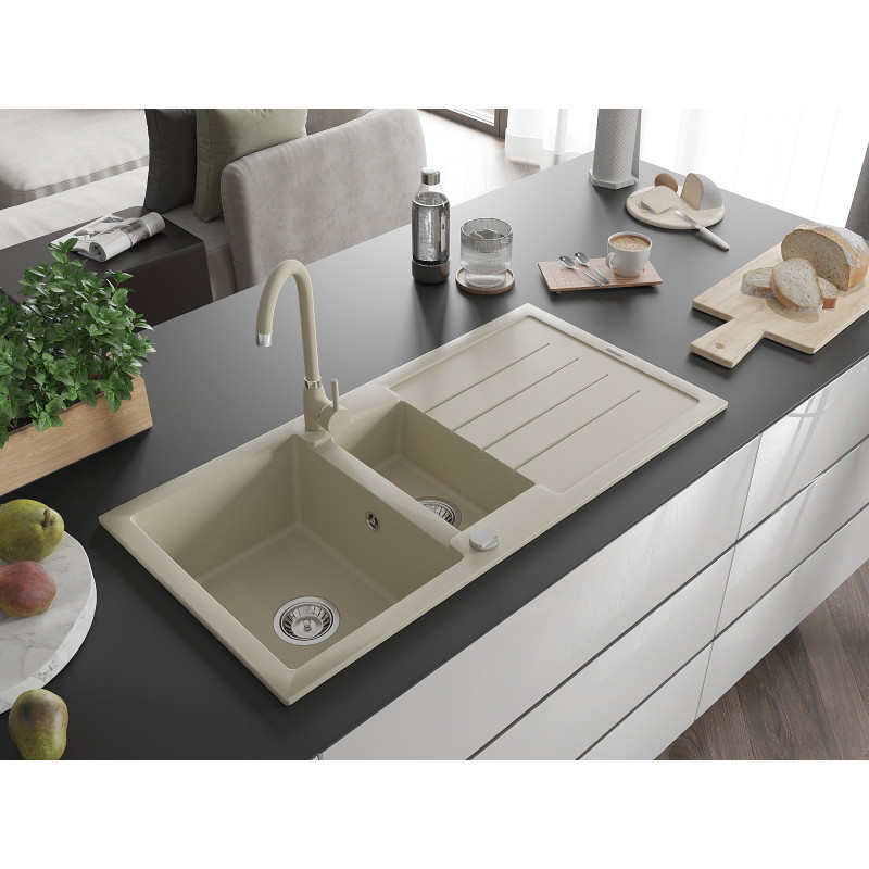 Mexen Andres évier en granit 1,5 bac avec égouttoir et robinet de cuisine Telma, beige - 6515-69-670200-69