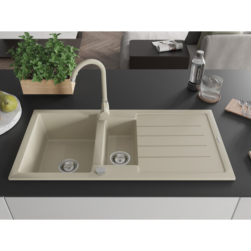 Mexen Andres évier en granit 1,5 bac avec égouttoir et robinet de cuisine Telma, beige - 6515-69-670200-69