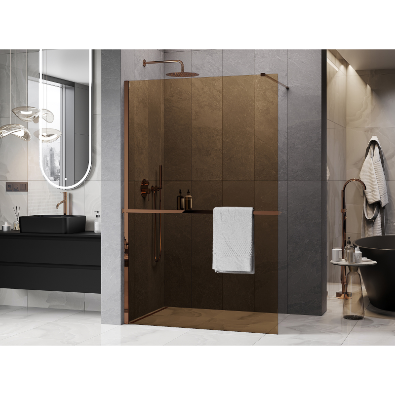 Mexen Kioto+ paroi de douche avec étagère Walk-in 90 x 200 cm, bronze 8 mm, or rose - 800-090-121-60-32