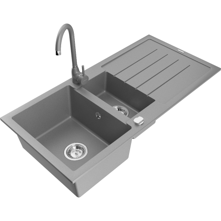 Mexen Andres évier en granit 1,5-bassin avec égouttoir et robinet de cuisine Telma, gris - 6515-71-670200-71