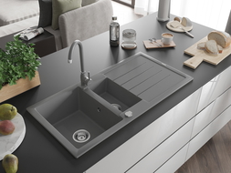 Mexen Andres évier en granit 1,5-bassin avec égouttoir et robinet de cuisine Telma, gris - 6515-71-670200-71
