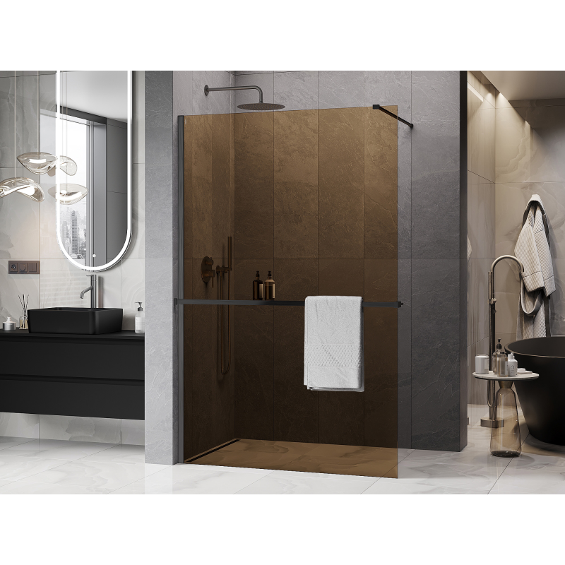 Mexen Kioto+ paroi de douche avec étagère Walk-in 70 x 200 cm, bronze 8 mm, gun gray brossé - 800-070-121-66-32