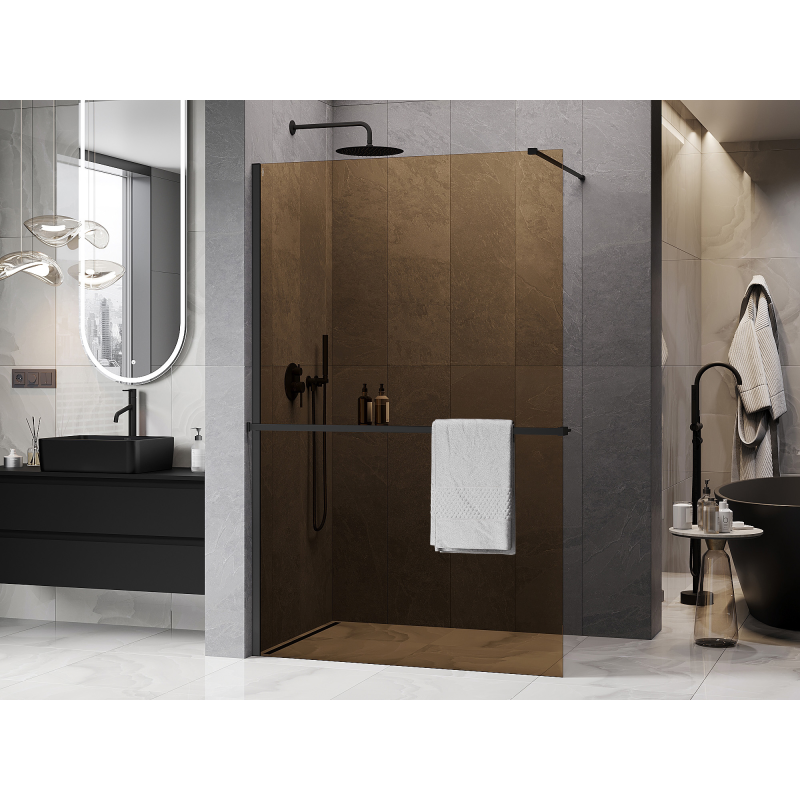 Mexen Kioto+ paroi de douche avec étagère Walk-in 140 x 200 cm, marron 8 mm, noir - 800-140-121-70-32