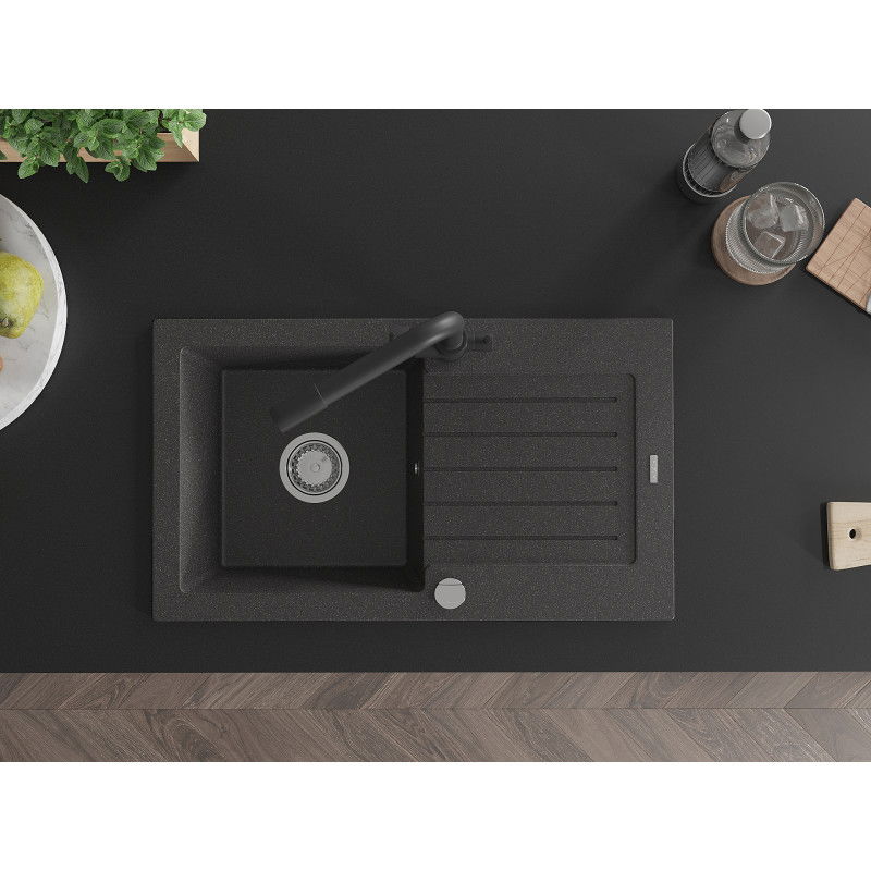 Mexen Pablo évier de cuisine en granit à 1 bac avec égouttoir et robinet de cuisine Duero, noir moucheté - 6510-76-671600-70