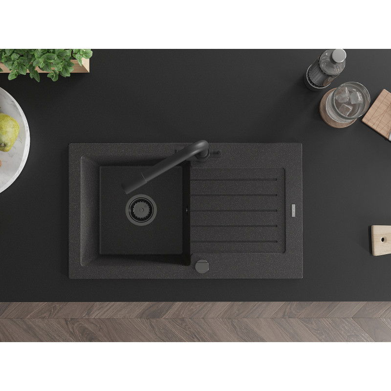 Mexen Pablo évier en granit 1 bac avec égouttoir et robinet de cuisine Duero, noir moucheté - 6510-76-671600-70-B