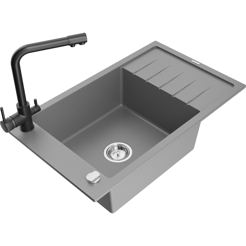 Mexen Elias évier granit 1-bassin avec égouttoir et robinet de cuisine Duero, gris - 6511-71-671600-70