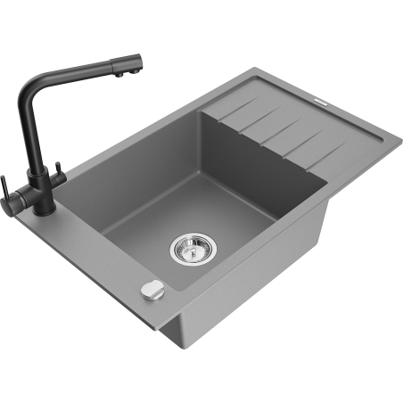 Mexen Elias évier granit 1-bassin avec égouttoir et robinet de cuisine Duero, gris - 6511-71-671600-70