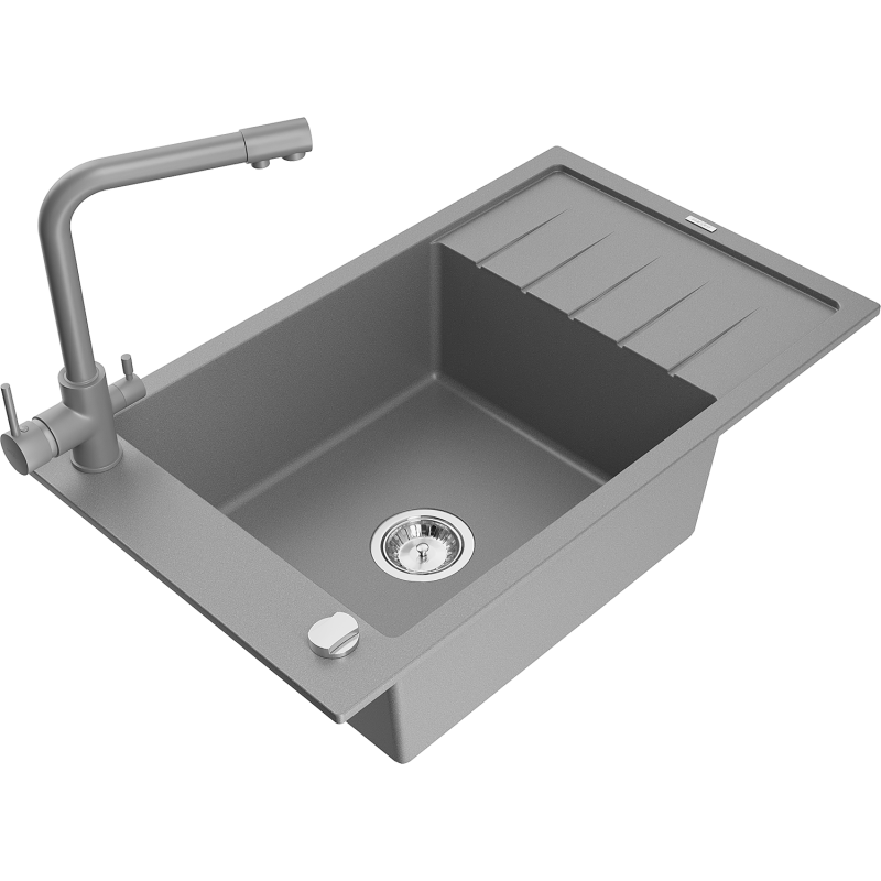 Mexen Elias évier en granit 1-cuisson avec égouttoir et robinet de cuisine Duero, gris - 6511-71-671600-71