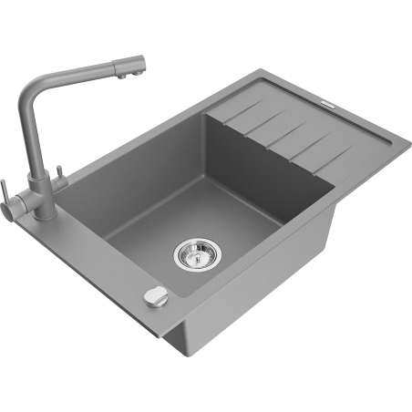 Mexen Elias évier en granit 1-cuisson avec égouttoir et robinet de cuisine Duero, gris - 6511-71-671600-71