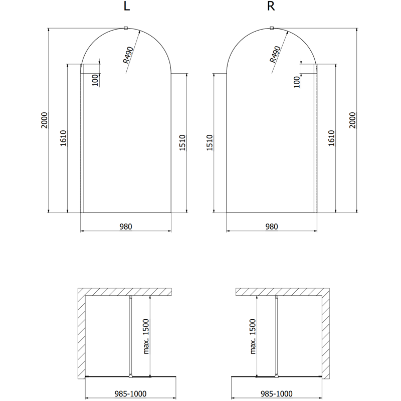 Mexen Kioto-Q paroi de douche Walk-in 100 x 200 cm, transparent 8 mm, or brossé - 800-100-101-55-00-Q
