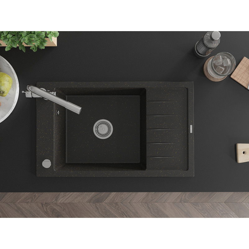 Mexen Elias évier en granit 1 bac avec égouttoir et robinet de cuisine Duero, noir/doré métallisé - 6511-75-671600-00