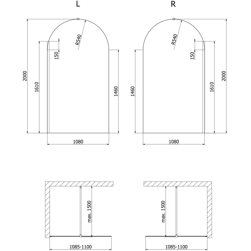 Mexen Kioto-Q Panneau de douche Walk-in 110 x 200 cm, transparent 8 mm, noir - 800-110-101-70-00-Q