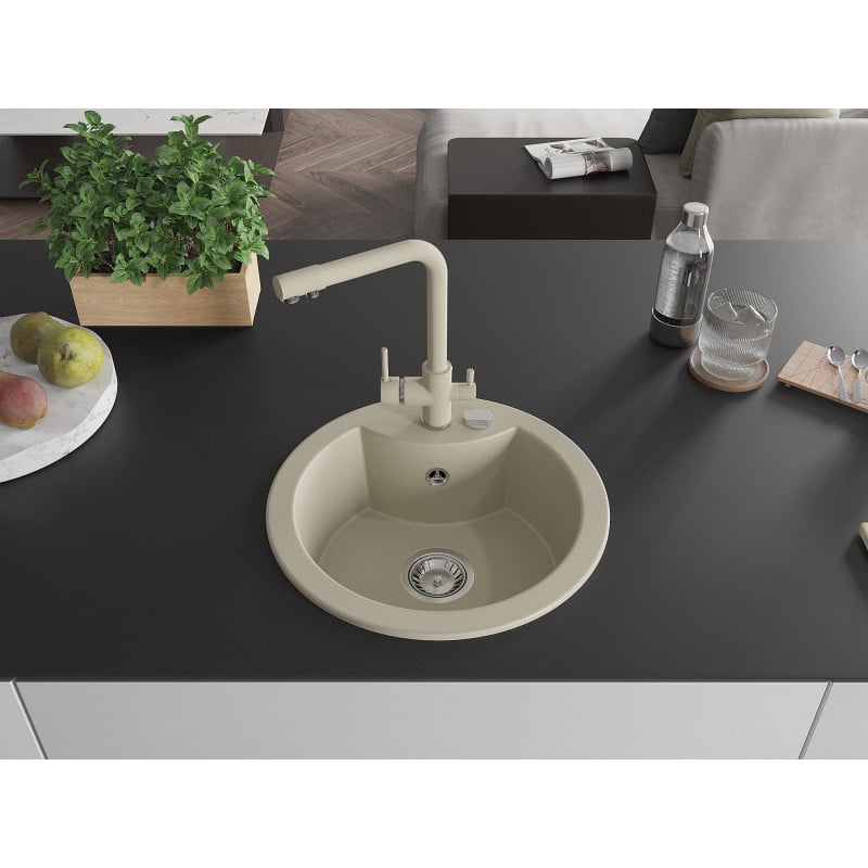 Mexen Diego évier en granit 1 bac avec robinet de cuisine Duero, beige - 6512-69-671600-69