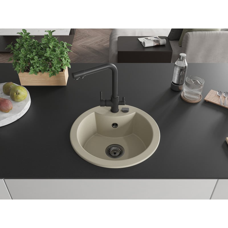 Mexen Diego évier en granit 1 bac avec robinet de cuisine Duero, beige - 6512-69-671600-70