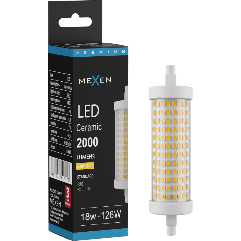 Mexen Vega Ampoule LED dimmable R7S, 18W, Chaude - 3000K, 2000 lm - L125-R7S-1830-02