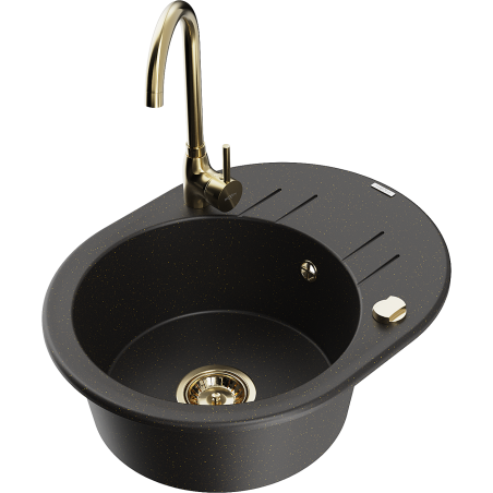 Mexen Kevin évier en granit à 1 bac avec égouttoir et robinet de cuisine Telma, noir/métallique doré - 6517-75-670200-50