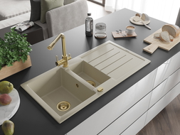Mexen Andres évier en granit 1,5-bassins avec égouttoir et robinet de cuisine Duero, beige - 6515-69-671600-50