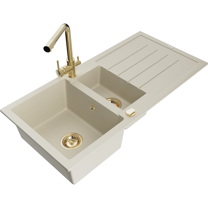 Mexen Andres évier en granit 1,5-bassins avec égouttoir et robinet de cuisine Duero, beige - 6515-69-671600-50